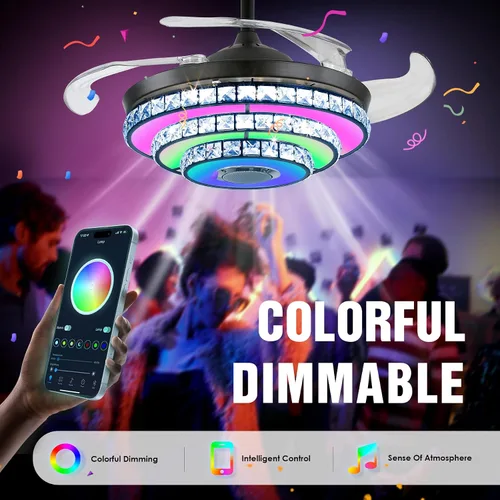 Vista 4 de Ventilador de techo inteligente tipo candelabro de 42 pulgadas con luz, ventilador de techo candelabro retráctil con altavoz Bluetooth y control