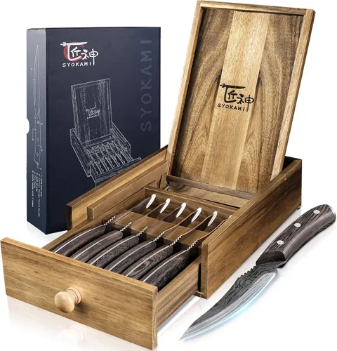 Vista 13 de SYOKAMI Juego de 2 cuchillos para carne, 4.8 pulgadas, estilo japonés de alta gama, filo fino con mango de madera, diseño de espiga completa