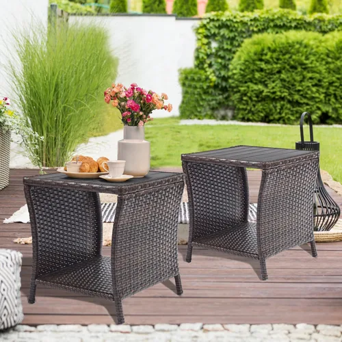 Vista 8 de Mesa auxiliar de patio al aire libre, pequeña mesa auxiliar de mimbre negro para almacenamiento exterior, mesa de centro con mesa de madera