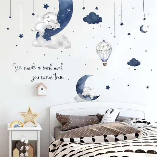 Vista 5 de Adhesivo de pared con elefante bebé durmiendo en azul grisáceo, sacinora - Adhesivo de pared con luna, estrella, nube y frase en inglés cálido