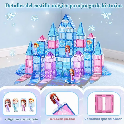 Vista 4 de GobiDex 100 azulejos magnéticos de castillo de princesa con 4 muñecas y escaleras, bloques de construcción magnéticos de princesa para niños de 3 a
