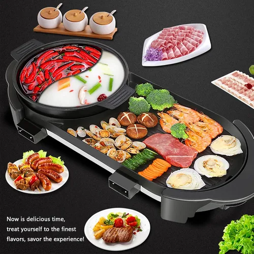 Vista 10 de Olla Caliente con Parrilla, Olla Caliente Eléctrica 2 en 1 Shabu Shabu Olla Caliente Barbacoa Coreana, Olla Caliente Desmontable 1200W / Bandeja