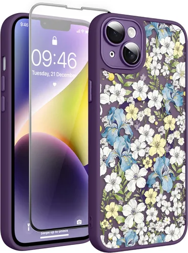 Vista 130 de Magnético para iPhone 13 con protector de pantalla [Compatible con MagSafe] Diseño de patrón floral de flores bonitas, funda delgada a prueba