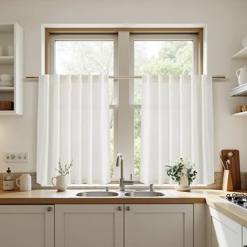 Vista 8 de Nanspring - Cortinas cortas de lino semitraslúcidas, con pestañas traseras y jareta, filtrado de luz; para cocina, ventana pequeña, sótano, Café