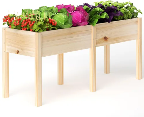 Vista 10 de MIXC Cama de jardín elevada de madera con patas, 48 pulgadas de largo x 24 pulgadas de ancho, maceta grande reforzada elevada para verduras, flores