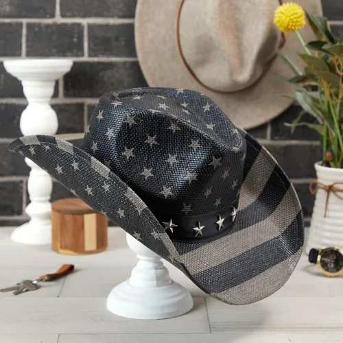 Vista 8 de Sombrero de vaquero de paja de Estados Unidos para hombres y mujeres, aspecto vintage, sombrero de vaquera para fiesta de disfraces (tamaño adulto)