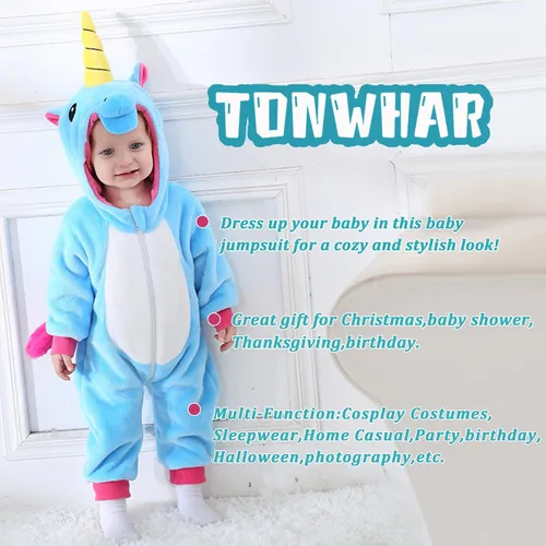 Vista 5 de TONWHAR - Disfraz para niños y bebés, disfraz de dinosaurio, tigre, animal, atuendo de fantasía, mameluco con capucha Azul (Blue Unicorn)