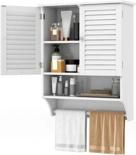 Vista 11 de Tangkula Armario de baño montado en la pared con estante abierto y barra, botiquín con puertas de doble rejilla, estante ajustable, armario