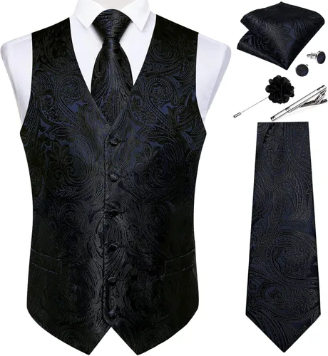 Vista 8 de DiBanGu Juego de chaleco y corbata para hombre, chaleco formal de cachemira y corbata con bolsillo cuadrado y gemelos, de seda, para traje o Verde