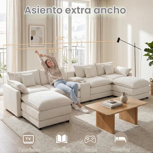 Vista 5 de ONEMMLION Sofá seccional en forma de U de gran tamaño de 145 pulgadas