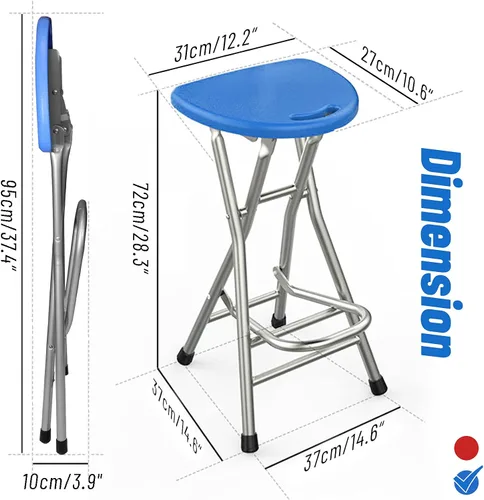 Vista 2 de Be&xn Taburetes plegables para adultos, portátil, taburete plegable de 28 pulgadas, resistente, taburetes de bar altos para interiores con asa Azul