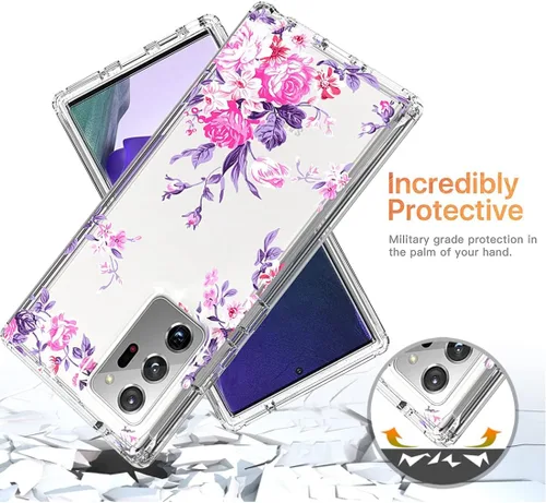 Vista 7 de Funda para Galaxy Note 20 Ultra, SM-N986U con protector de pantalla de vidrio templado, diseño floral a prueba de golpes, funda protectora de cuerpo