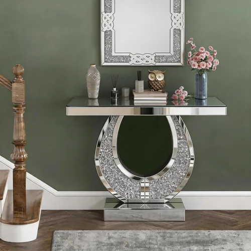 Vista 9 de Mesa consola plateada con espejo con diamante triturado, mesa rectangular moderna de 45.27 pulgadas con base en forma de O, mesas angostas