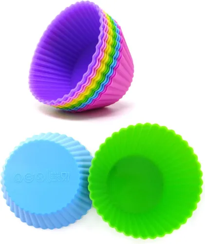 Vista 3 de Honbay - Juego de 12 tazas reutilizables de silicona para hornear, tazas antiadherentes para muffins, moldes para cupcakes para hacer magdalenas