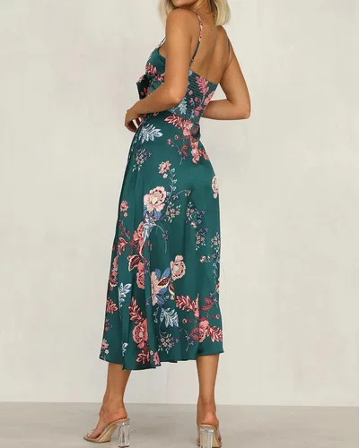 Vista 5 de Fashionme Vestidos de satén midi con tirantes delgados para mujer, con lazo frontal, sin espalda, vestido hueco dividido