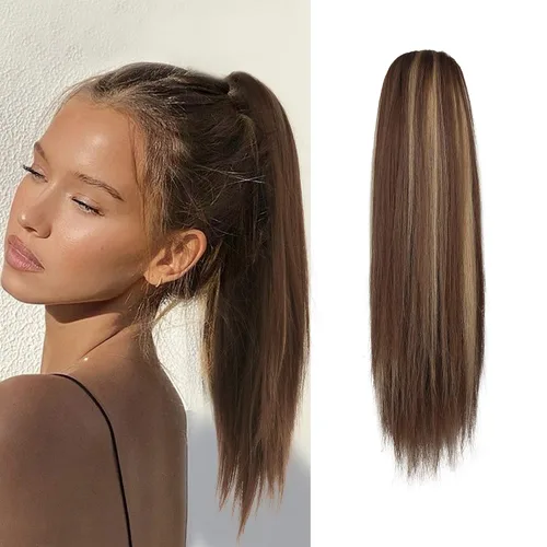 Vista 11 de Barsdar Extensión de cola de caballo marrón oscuro - Extensiones de cola de caballo cortas y rectas de 14 pulgadas con cordón para mujeres