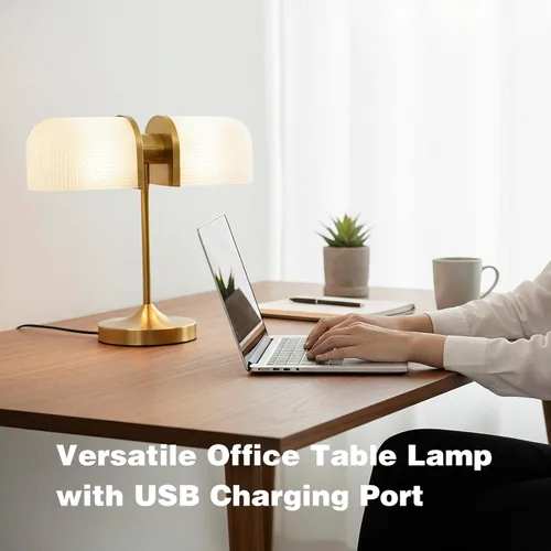 Vista 6 de Lámpara de escritorio vintage de vidrio de leche para banqueros, lámpara de noche regulable con control táctil con puertos de carga USB A+C