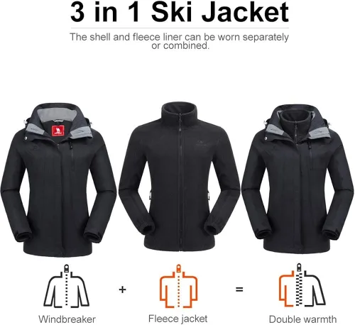 Vista 2 de CAMEL CROWN - Chaqueta de esquí para mujer, impermeable, 3 en 1, chaqueta de invierno resistente al viento, forro polar cálido, con capucha