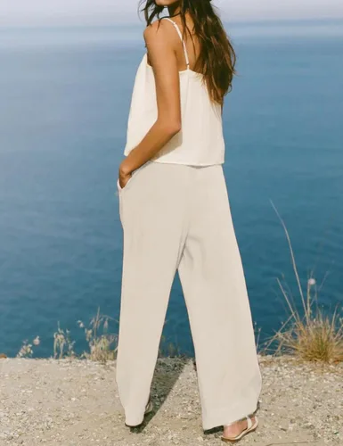 Vista 5 de Hooever Pantalones de lino de pierna ancha de cintura alta para mujer, pantalones casuales de palazzo, pantalones de vestir fluidos para oficina