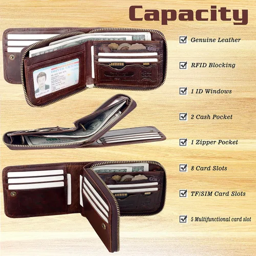 Vista 4 de Admetus - Billetera doble de cuero genuino, pequeña, con cremallera, para hombre