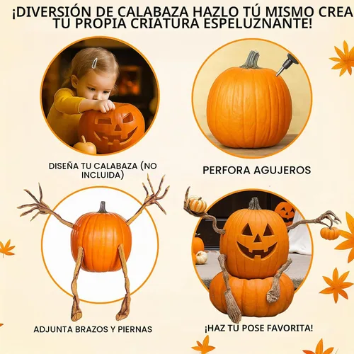Vista 4 de Plow & Hearth 65A44 calabaza con brazos y piernas de hoja de parra, para decoración de Halloween, para exterior e interior, de 16.5" x 2.5