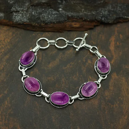 Vista 3 de Natural & Synthetic Gemstones 925 Silver Plated Handmade Link Bracelets Amatista