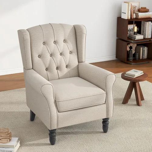 Vista 4 de High Back Accent Chair, Fabric Upholstered Armchair Wingback Chair for Living Room, Comfy Bedroom Reading Seat with Solid Wood Legs, Beige