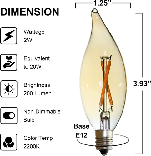 Vista 5 de Paquete de 6 bombillas LED de punta de llama C32 de reemplazo, 2 W equivale a 20 W, foco Edison de filamento cálido 2200 K, bombilla de candelabro