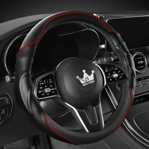 Vista 14 de HighnessHwoo Funda 3D para volante de automóvil, agarre cómodo, masaje deportivo, antideslizante, de fibra de carbono, piel sintética para sedán