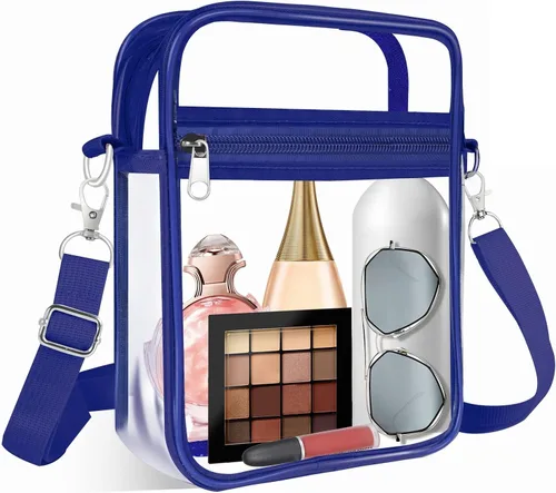 Vista 28 de Bolsa transparente aprobada para estadios, bolsa cruzada transparente, con correa de hombro ajustable para mujer, con bolsillo frontal