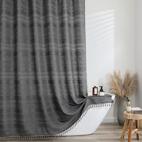 Vista 14 de OVZME Cortina de ducha bohemia negra, cortina de ducha estrecha de tela suave a rayas de lino texturizado con borla, moderna decoración de baño