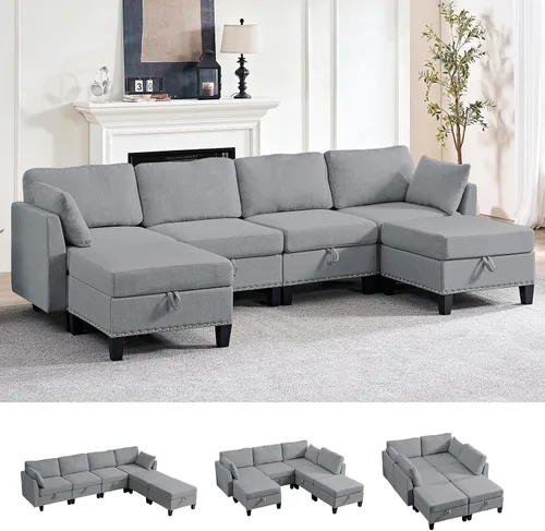 Vista 9 de ijuicy Sofá modular convertible de 110 pulgadas con asientos de almacenamiento y 2 otomanas móviles, sofá modular en forma de U de 6 asientos