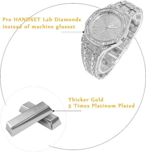 Vista 3 de Halukakah Reloj de diamantes para hombre, cazador, chapado en oro real de 18 quilates, chapado en oro blanco platino y diamantes helados, esfera