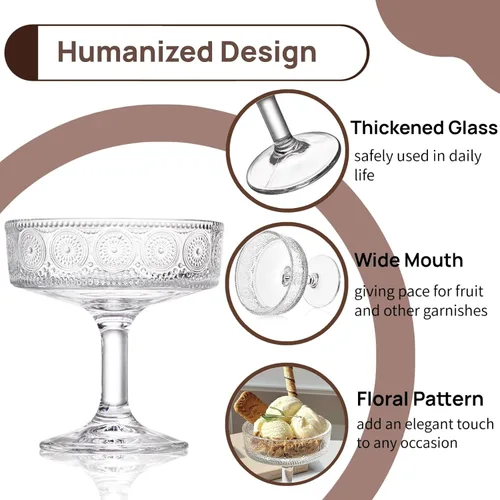 Vista 5 de Pumtus Juego de 6 vasos cupé vintage, 7 onzas de vidrio de Martini en relieve, copas de cóctel florales acanaladas, taza de Margarita transparente