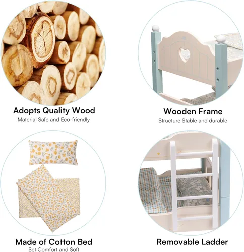 Vista 4 de ROBOTIME Literas de muñeca de bebé, cunas de madera para muñecas de 18 pulgadas, cama apilable para muñecas de muñeca para muñecas americanas
