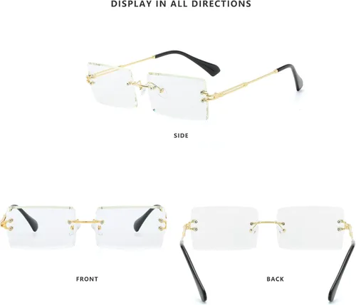 Vista 4 de LASPOR Gafas de sol rectangulares sin montura retro para mujeres y hombres lentes teñidas de metal dorado sin marco gafas cuadradas vintage