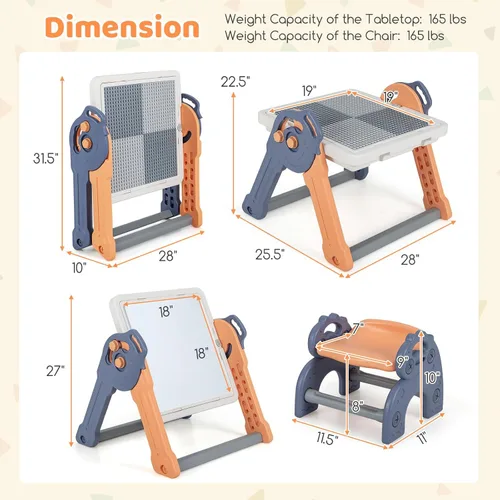 Vista 6 de Costzon Juego de mesa y silla 6 en 1 para niños, caballete de arte plegable con marcadores, borrador, 102 ladrillos compatibles, mesa de bloques