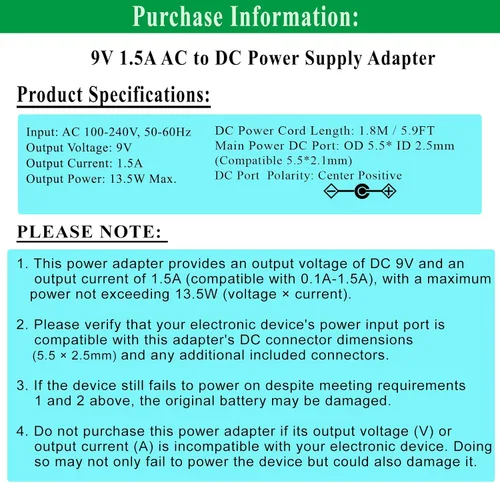 Vista 2 de Adaptador de fuente de alimentación de 9 V, 1.5 A, 1 A, CA 100-240 V a CC 9 V, compatible con Arduino UNO MEGA, Schwinn Elliptical 270 470, Crosley