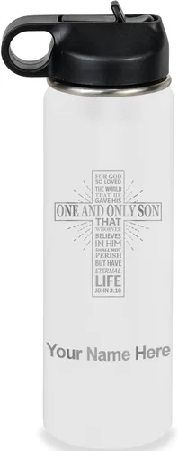 Vista 72 de LaserGram Botella de agua personalizada, versículo bíblico John 3-16, acero inoxidable de doble pared aislada al vacío con popote superior, regalo
