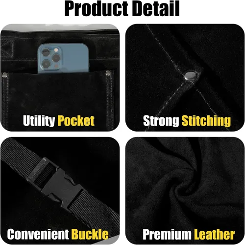 Vista 5 de Pantalones de soldadura de cuero, resistentes al calor y al fuego, protección de piernas de cuero dividido para hombres y mujeres, ajustables de M a