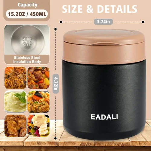 Vista 2 de Eadali Tarro de comida para niños de 15.2 onzas para comida caliente, contenedor de almuerzo aislado al vacío con interior de acero inoxidable 316