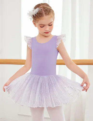 Vista 4 de Zaclotre Leotardos de ballet de manga con vuelo para niñas con falda tutú, vestido de baile con lazo en la espalda, trajes de bailarina brillantes