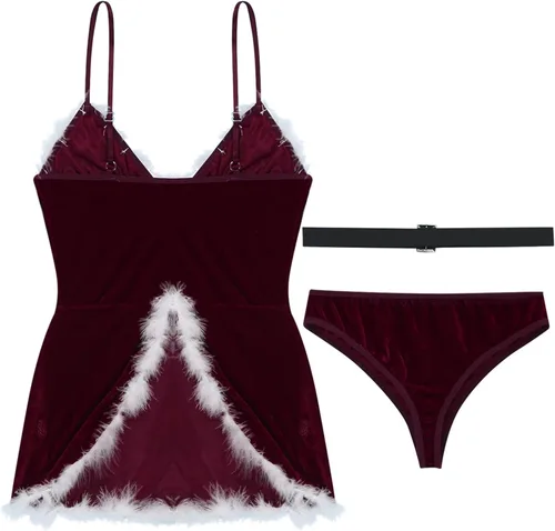 Vista 4 de TTAO Women Red Santa Lingerie Fur Trimed Babydolls Chemises Sexy Bustier Corset Top Bodysuit
