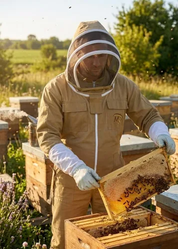 Vista 6 de MS Traje de apicultor de algodón de abeja con un par de guantes y velo de esgrima