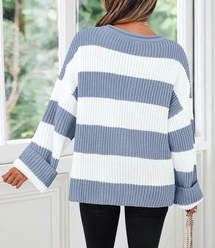 Vista 43 de ZESICA Suéter tejido sin botones de manga larga y cuello redondo, a rayas, bloques de color, cómodo, holgado, talla extragrande para mujer de 2024
