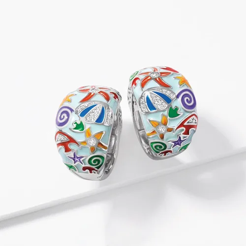 Vista 3 de Ross-Simons Pendientes de aro de plata de ley con topacio blanco y esmalte multicolor, 0,10 quilates