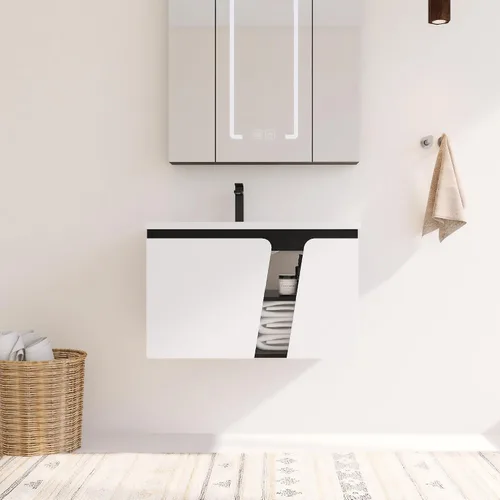 Vista 14 de Mueble de baño de 24 pulgadas con fregadero, tocador flotante de 24 pulgadas con fregadero de cerámica blanca brillante, gabinete de baño de madera