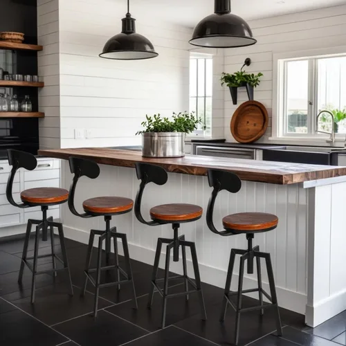 Vista 7 de Juego de 2 taburetes de bar industriales con respaldo, asiento giratorio de madera, altura ajustable, 25-32 pulgadas, taburete de isla de cocina
