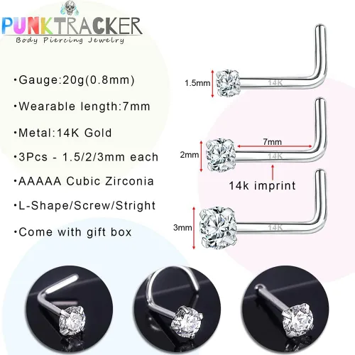 Vista 4 de PunkTracker Anillos de nariz de oro real de 14 quilates de 0.71 oz con circonita cúbica de diamante de imitación, hipoalergénicos, piercing de nariz