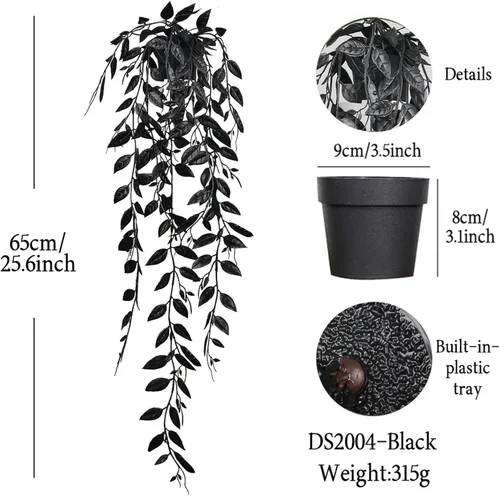 Vista 5 de Plantas colgantes artificiales negras en maceta, paquete de 3 plantas falsas para pared, hogar, habitación, oficina, decoración de interiores